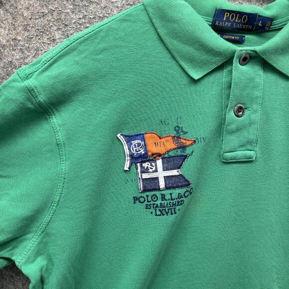 Polo Ralph Lauren Polo Shirt Mens Large Green Custom Flag Equestrian Embroidered - Picture 7 of 12